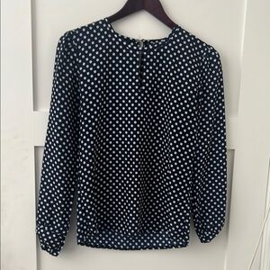 Blue and White Fitted Long Sleeve Blouse with Mandarin Collar